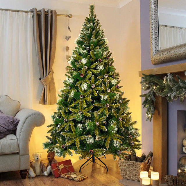 GO 7.4ft Christmas Tree, Decorated with 65 Pine Cones and Realistic over 1300 Thicken Tips, Hinged, with Metal Stand, Easy Assembly, for Indoor and Outdoor Use.