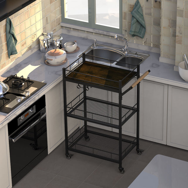 3 Tier Metal Mesh Rolling Storage Cart, Mesh Storage Pantry Cart with Lockable Wheels Wood Look Top and Metal Frame,Rolling Utility Cart for Kitchen Bathroom, Office, Library, Coffee Bar