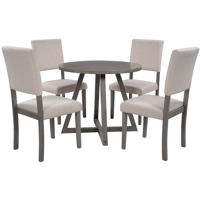 TOPMAX Mid-Century Wood 5-Piece Kitchen Dining Table Set with Round Table, 4 Upholstered Dining Chairs for Small Places, Gray Table + Beige Chair