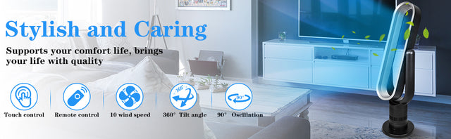 HealSmart Sufficient size bladeless fan, standing fan, towel fan, 10 speeds settings, 10-hour timing closure bladeless fan, stylish and modern fan, low noise, 39 inches, black