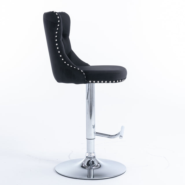 A&A Furniture,Swivel Velvet Barstools Adjusatble Seat Height from 25-33 Inch, Modern Upholstered Chrome base Bar Stools with Backs Comfortable Tufted for Home Pub and Kitchen Island(Black,Set of 2)