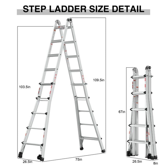 Aluminum Multi-Position Ladder with Wheels, 300 lbs Weight Rating, 22 FT