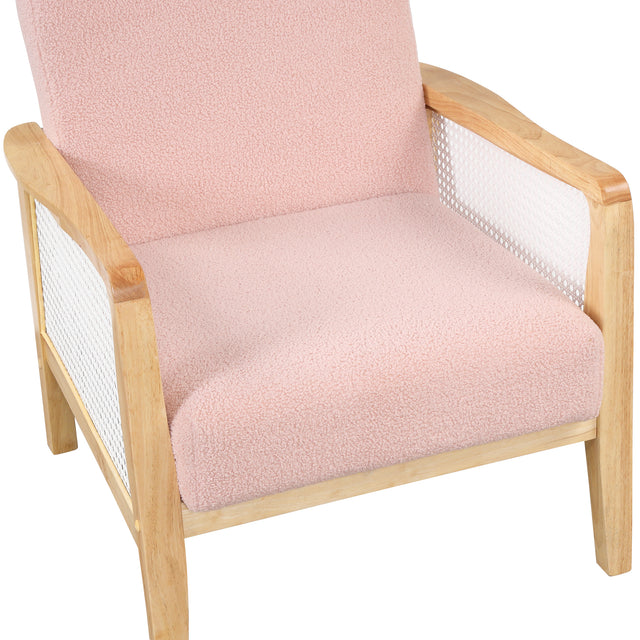 【EAT 3.10】Mid-Century Armchair Rattan Mesh Upholstered Accent Chair,Teddy Short Plush Particle Velvet Armchair for Living Room,Bedroom, Office, Studio,Pink