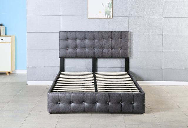 Hot Sale Queen Size Dark Grey Tech cloth Button Embedded Adjustable Headboard Height Upholstered Platform Bed Frame with Storage Drawers