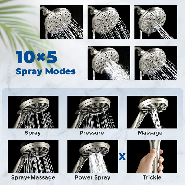 Shower Head Combo - 4.5" 6-Setting Handheld Showerhead and 7" 5-Setting Rainfall Spray, One Click for High Pressure/Trickle Mode, with 70β Longer Stainless Steel Hose, Brushed Nickel
