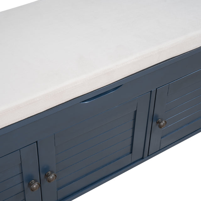 TREXM Storage Bench with 3 Shutter-shaped Doors, Shoe Bench with Removable Cushion and Hidden Storage Space (Antique Navy)