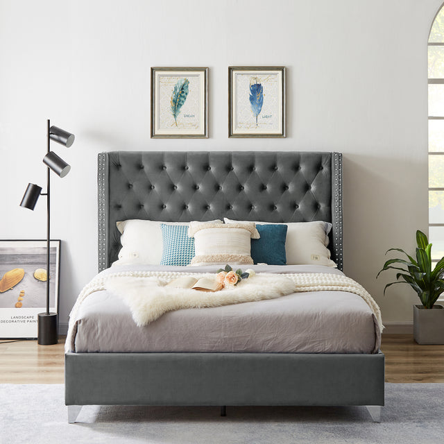 B100S Queen bed, Button designed Headboard, strong wooden slats + metal support feet, Gray Flannelette