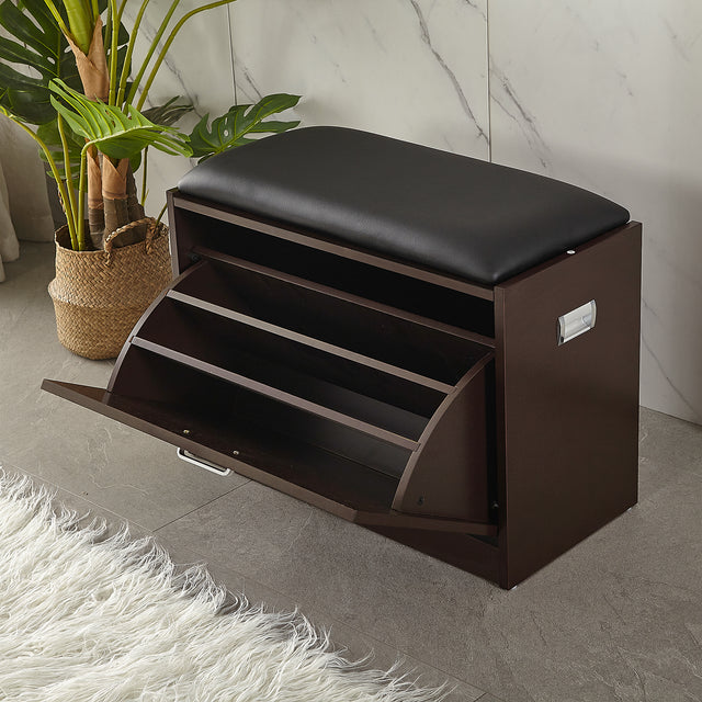 Living room shoe bench with PU seat,small size shoe cabinet,brown finish