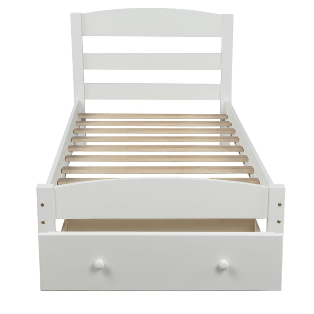 Platform Twin Bed Frame with Storage Drawer and Wood Slat Support No Box Spring Needed, White