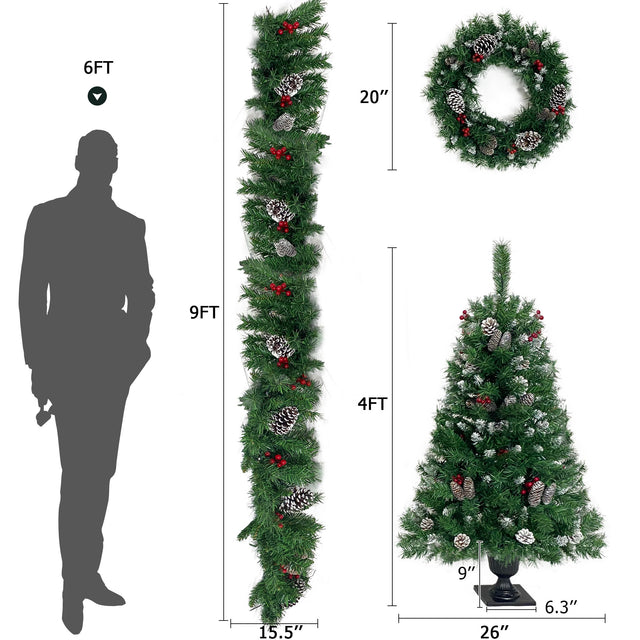 Pre-lit Xmas Tree Artificial Christmas 4-Piece Set,Garland, Wreath and Set of 2 Entrance Trees X-mas