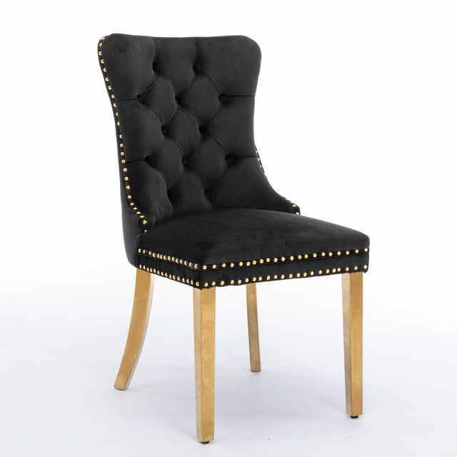 A&A Furniture,Nikki Collection Modern, High-end Tufted Solid Wood Contemporary Velvet Upholstered Dining Chair with Golden Stainless Steel Plating Legs,Nailhead Trim,Set of 2,Black and Gold, SW1601BK