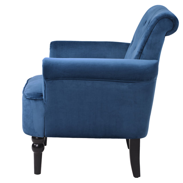 Elegant Button Tufted Club Chair Accent Armchairs Roll Arm Living Room Cushion with Wooden Legs, Navy Blue