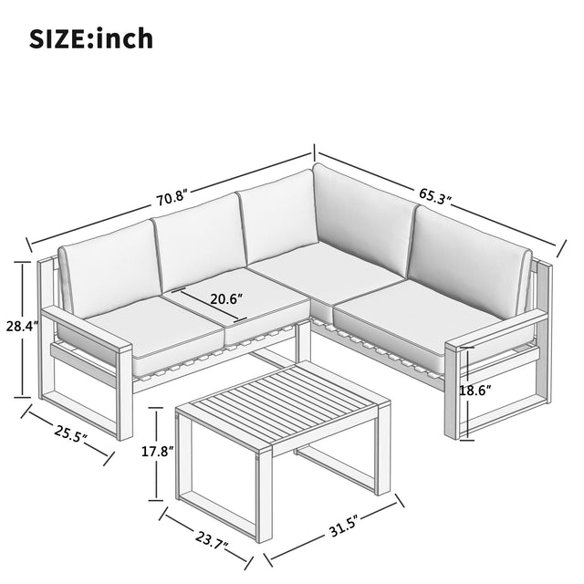 U_STYLE 3-Piece Patio Sectional Set Acacia Wood and Grey Cushions Ideal for Outdoors and Indoors