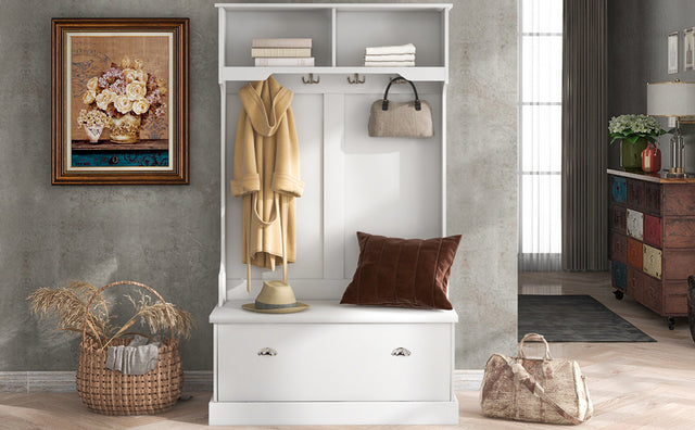 ON-TREND Hall Tree with 4 Hooks, Coat Hanger, Entryway Bench, Storage Bench, 3-in-1 Design, for Livingroom, Hallway (white)
