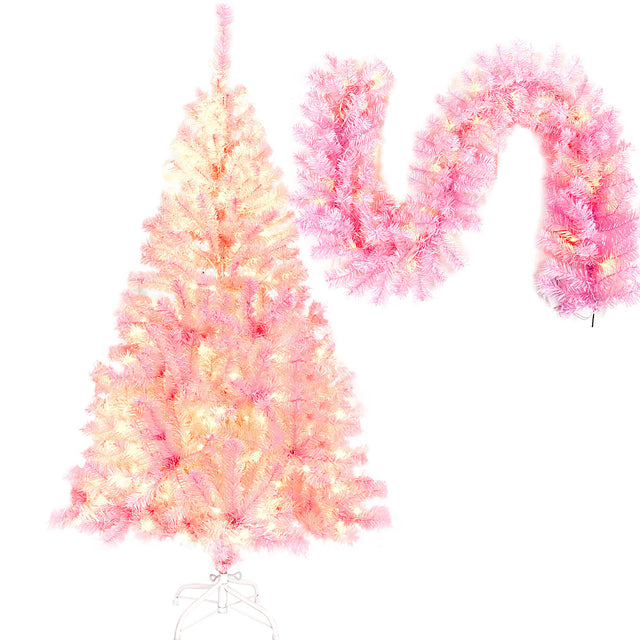Pre-lit Artificial Christmas 2-Piece Set, Xmas Tree 5FT Pink Christmas Tree with 6 feet Garland X-mas