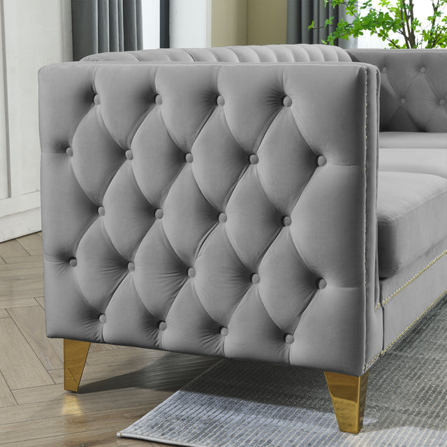{Contact us for 3D modeling} Velvet Sofa for Living Room,Buttons Tufted Square Arm Couch, Modern Couch Upholstered Button and Metal Legs, Sofa Couch for Bedroom, Grey Velvet
