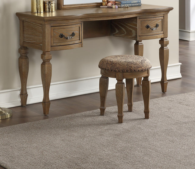 Bedroom Classic Vanity Set Wooden Carved Mirror Stool Drawers Antique Oak Finish