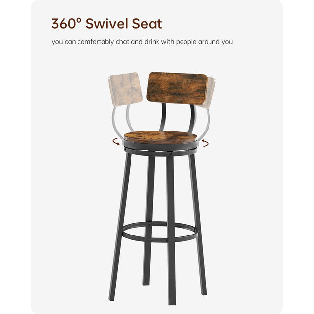 Swivel bar stool set of 2 with backrest, industrial style, metal frame, 29.5'' high.(Rustic Brown,13.4’’w x 40.5’’h)