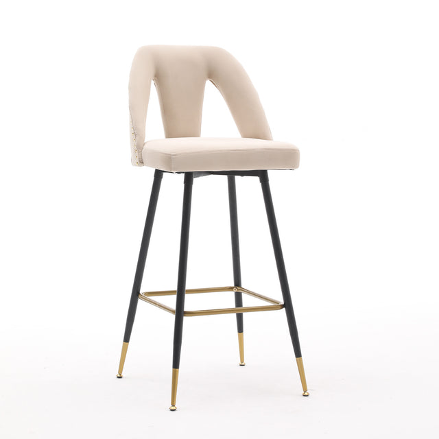 A&A Furniture,Akoya Collection Modern | Contemporary Velvet Upholstered Connor 28" Bar Stool & Counter Stools with Nailheads and Gold Tipped Black Metal Legs,Set of 2 (Beige)