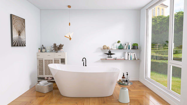 59" Acrylic Free Standing Tub - Classic Oval Shape Soaking Tub, Adjustable Freestanding Bathtub with Integrated Slotted Overflow and Chrome Pop-up Drain Anti-clogging Gloss White