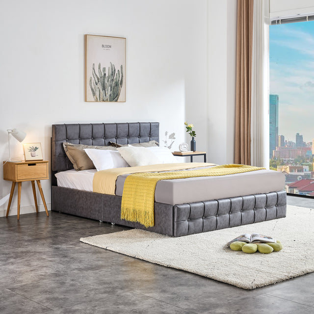 Hot Sale Queen Size Dark Grey Tech cloth Button Embedded Adjustable Headboard Height Upholstered Platform Bed Frame  with Storage Drawers