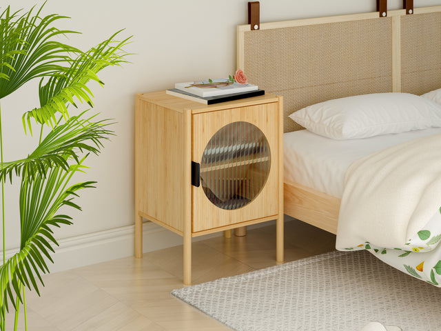 1 Door nightstand,Bamboo Mid Century Modern Nightstand,Bedside Table Accent End Table Side Table for Bedroom, Living Room, Natural
