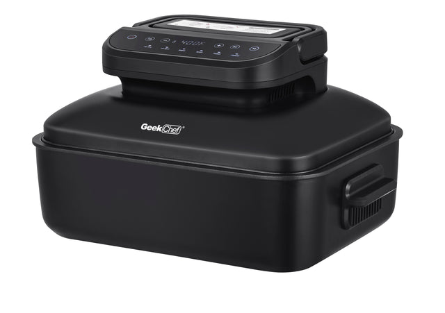 Geek Chef 7 In 1 Smokeless Electric Indoor Grill with Air Fry, Roast, Bake, Portable 2 in 1 Indoor Tabletop Grill & Griddle with Preset Function, Removable Non-Stick Plate, Air Fryer Basket, 6-Serving