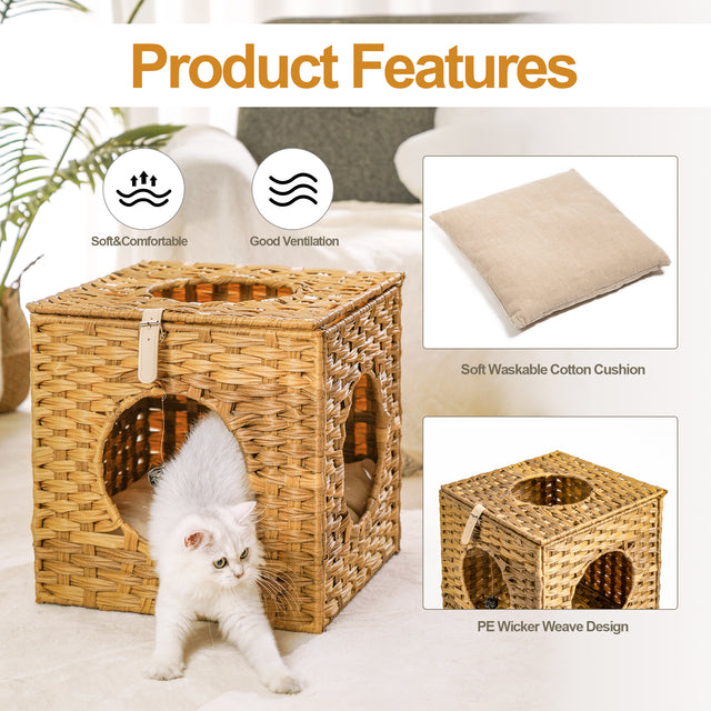 Rattan Cat Litter,Cat Bed with Rattan Ball and Cushion,yellowish brown
