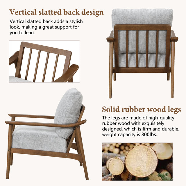 【EAT 3.17】Mid Century Modern Chair with Solid Wood Frame,Arm Chair with Vertical Slatted Back,Thick Pad Upholstered Accent Chair for Living Room, Brown