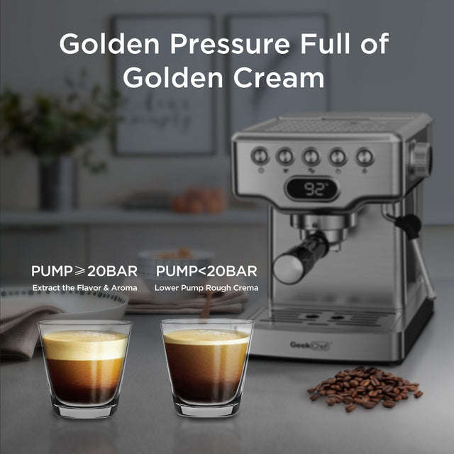 Geek Chef Espresso Machine,20 bar espresso machine with milk frother for latte,cappuccino,Machiato,for home espresso maker,1.8L Water Tank,Stainless Steel Complimentary ESE Filter Ban on Amazon