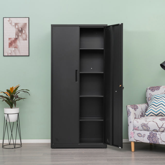 High Storage Cabinet with 2 Doors and 4 Partitions to Separate 5 Storage Spaces, Home/ Office Design