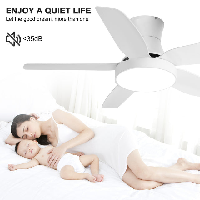 Indoor Low Profile Ceiling Fan with LED Light and Remote Control,Ultra Quiet Flush Mount Fan with 6 Speed DC Motor and Energy Efficient Light with 3 Color, 46 Inch, Fresh White Finish
