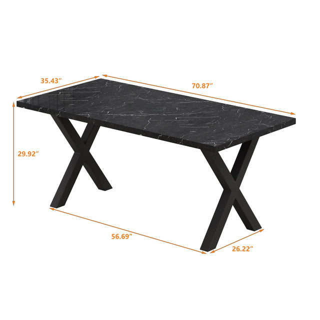 70.87"Modern Square Dining Table with Printed Black Marble Table Top+Black X-Shape Table Leg