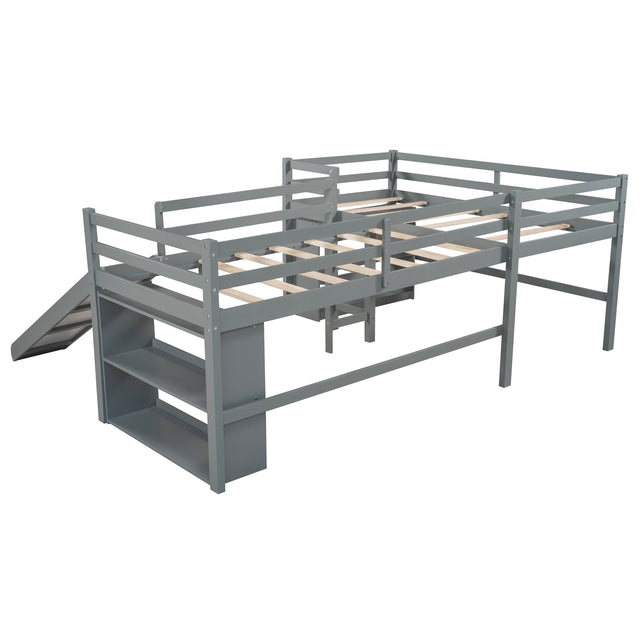 Twin Size L-Shaped Loft Bed with Movable Two-Tier Shelves and Slide,Gray