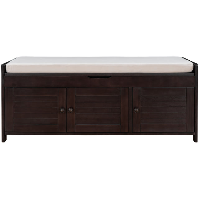 TREXM Storage Bench with 3 Shutter-shaped Doors, Shoe Bench with Removable Cushion and Hidden Storage Space (Espresso)