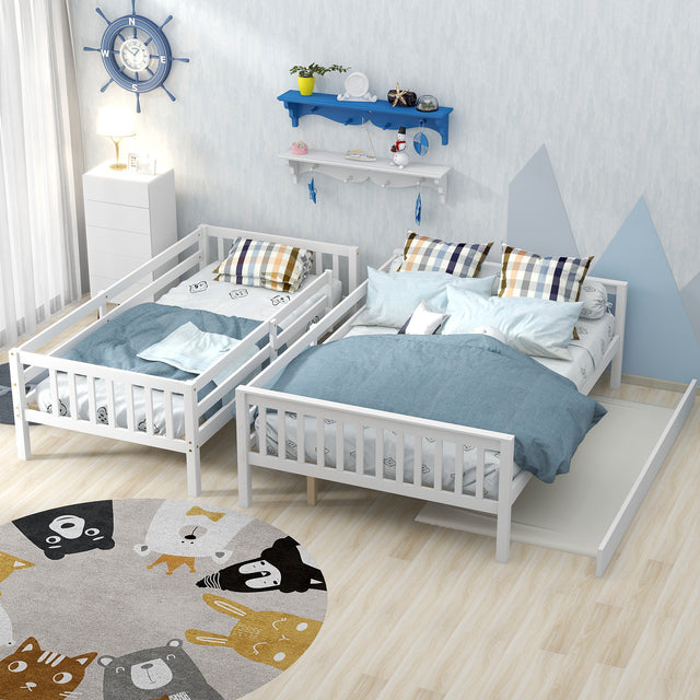Twin Over Full Bunk Bed with Trundle, Convertible into 2 Beds, the Bunk Bed with Ladder and Safety Rails for Kids, Teens, Adults, White (Old Sku:W504S00030)
