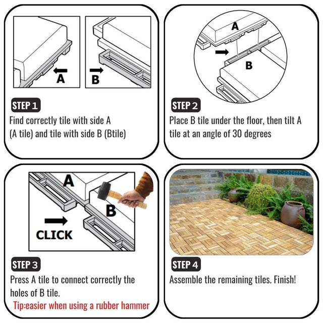 12" x 12" Square Teak Wood Interlocking Flooring Tiles Checker Pattern Pack of 10 Tiles