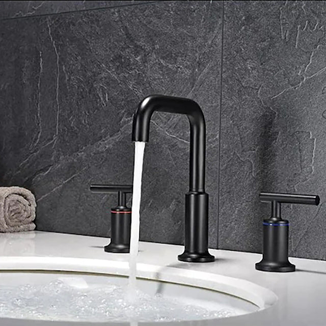 Matt Black Widespread Bathroom Sink Faucet with With CUPC Water Supply Hose and Cartridge