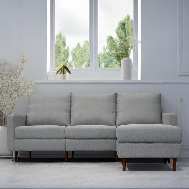 Redde Boo modern light gray fabric L shaped sofa, full K/D 3 seater sofa and stool with storage for living room sofa set
