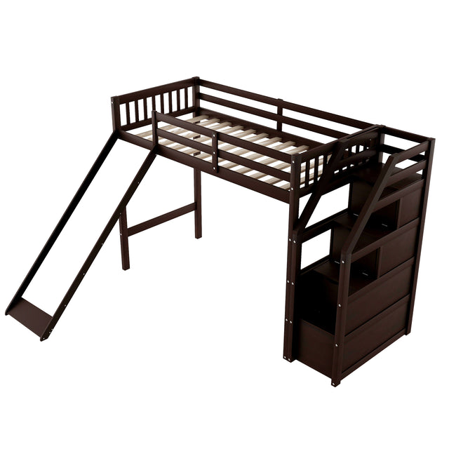 Twin Size Loft Bed with Storage and Slide, Espresso