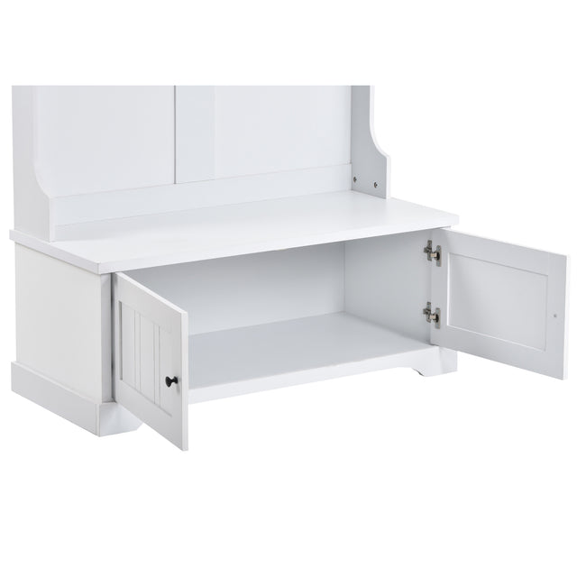 ON-TREND Hall Tree Entryway Bench with Shelves Cabinet and Four Hooks, 3-in-1 Design, White