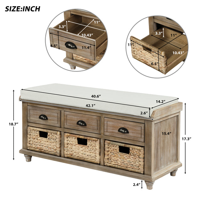 TREXM Rustic Storage Bench with 3 Drawers and 3 Rattan Baskets, Shoe Bench for Living Room, Entryway (White Washed)