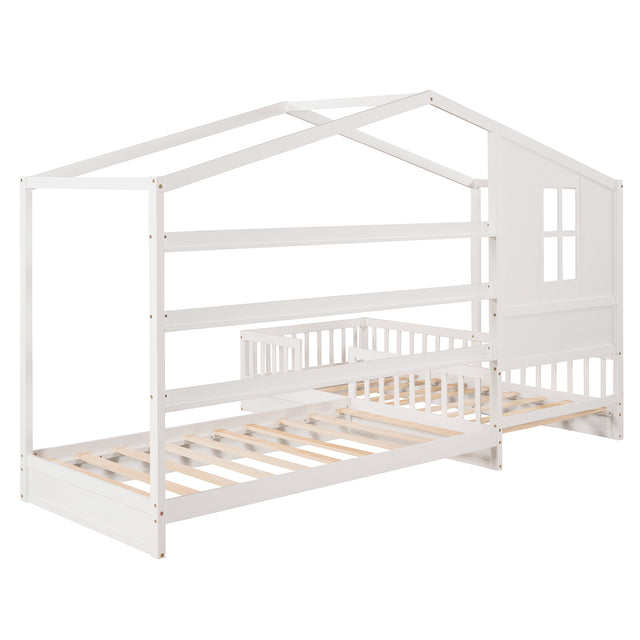 Wood House Bed Twin Size, 2 Twin Solid Bed L structure with fence and slatted frame (White)