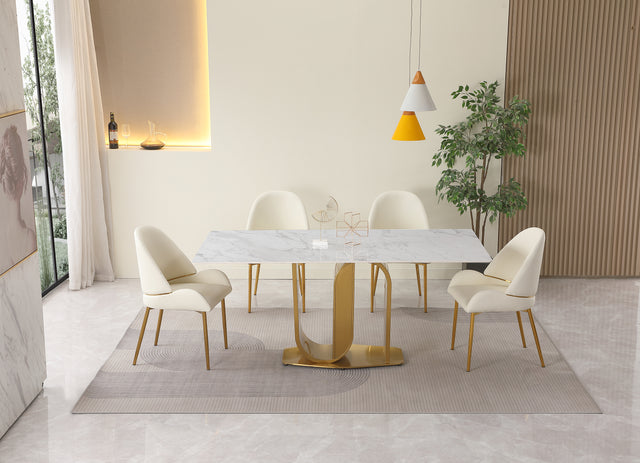 71" Contemporary Dining Table in Gold with Sintered Stone Top and U shape Pedestal Base in Gold finish with 6 pcs Chairs .
