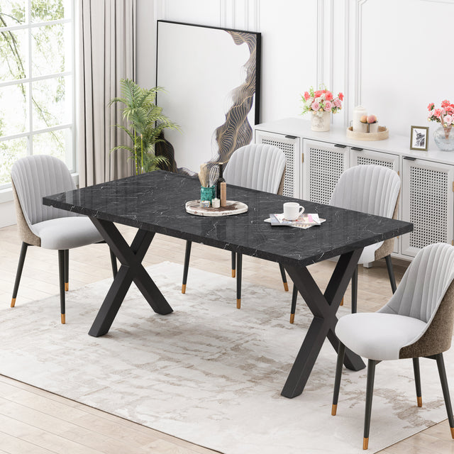 70.87"Modern Square Dining Table with Printed Black Marble Table Top+Black X-Shape Table Leg