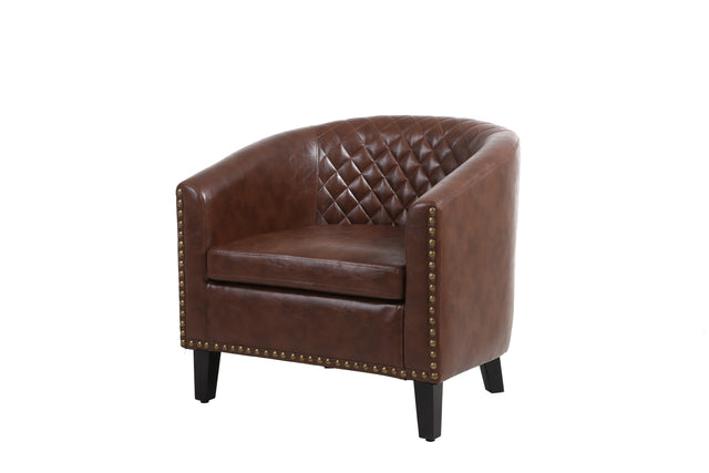 COOLMORE accent Barrel chair living room chair with nailheads and solid wood legs Brown pu leather