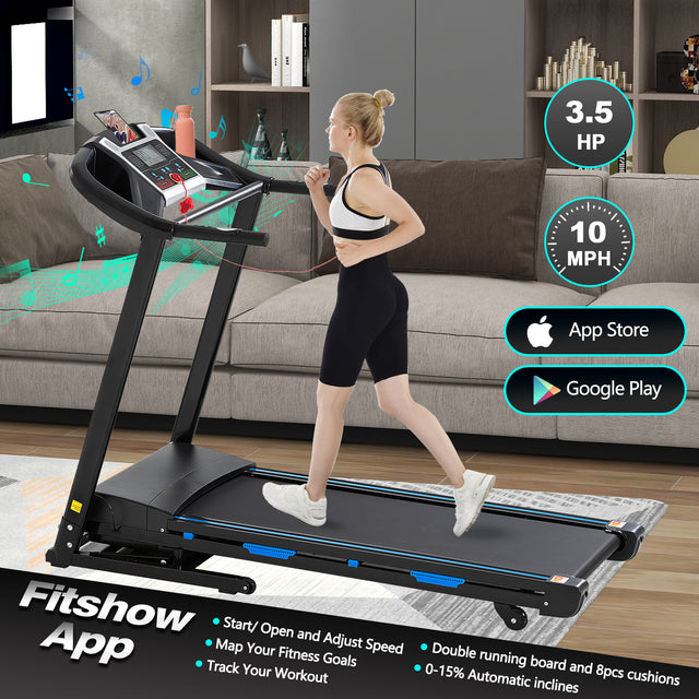 Treadmills for Home, Electric Treadmill with 15% Automatic Incline, Foldable 3.25HP Workout Running Machine Walking, Double Running Board Shock Absorption Pulse Sensor Bluetooth Speaker APP FITSHOW.