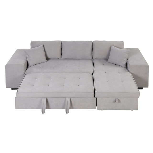 104" Pull Out Sleeper Sofa Reversible L-Shape 3 Seat Sectional Couch with Storage Chaise and 2 Stools for Living Room Furniture Set,Gray