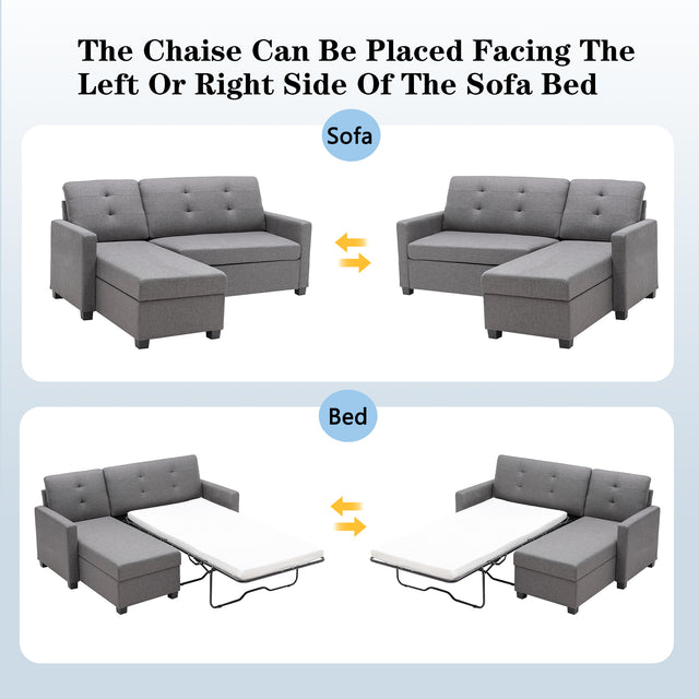 78.3" Convertible Sleeper Sofa Bed,Linen Pull Out Couch with Storage Chaise,Sleeper Counch with Memory Foam Mattress for Small Space Living Room Bedroom Office,Gray