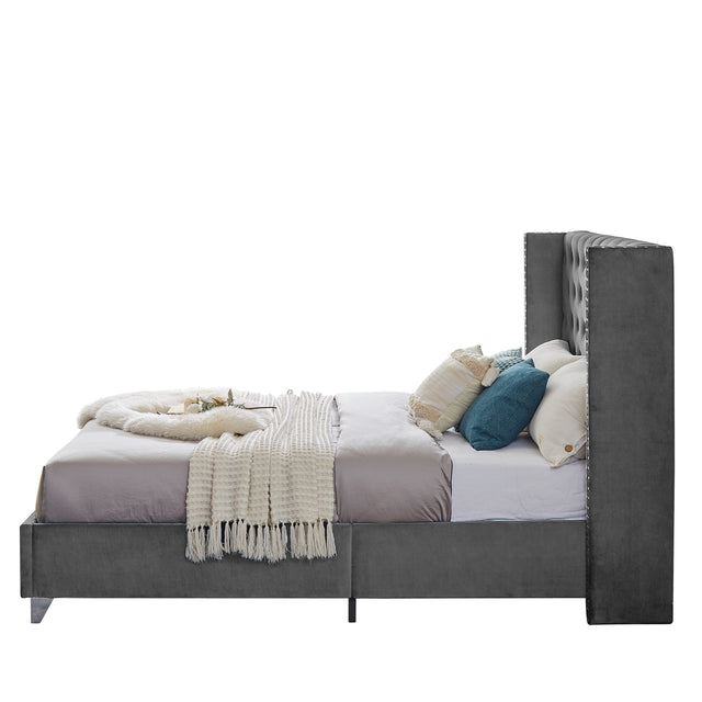 B100S Queen bed, Button designed Headboard, strong wooden slats + metal support feet, Gray Flannelette